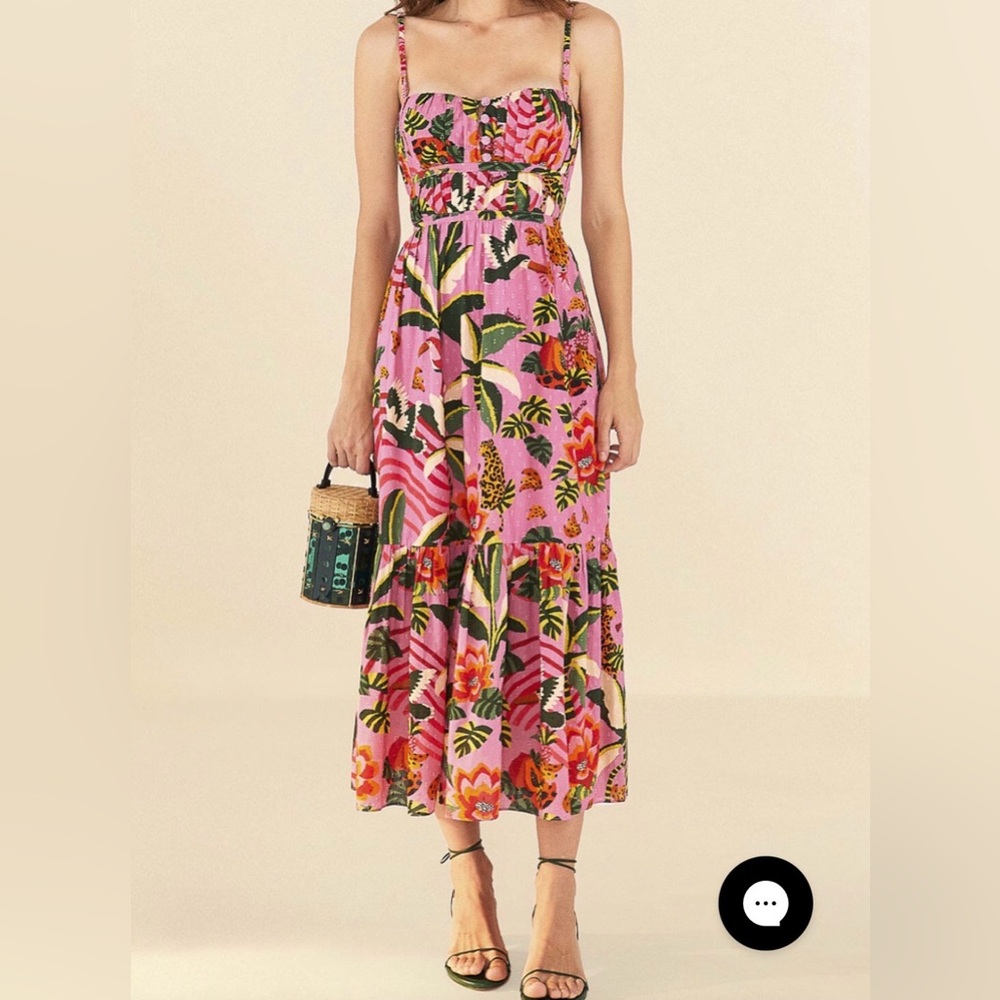 FARM Rio Pink Tropical Floral Maxi Dress with Green Accents
